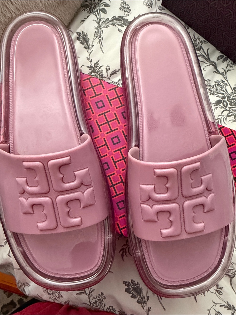 Tory Burch Pink Logo Slide Sandals with Clear Trim